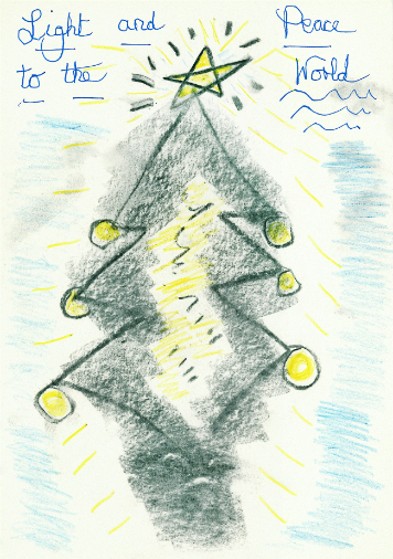 The image shows an artwork consisting of a Christmas tree and a hand-written note saying "Light and peace to the world"