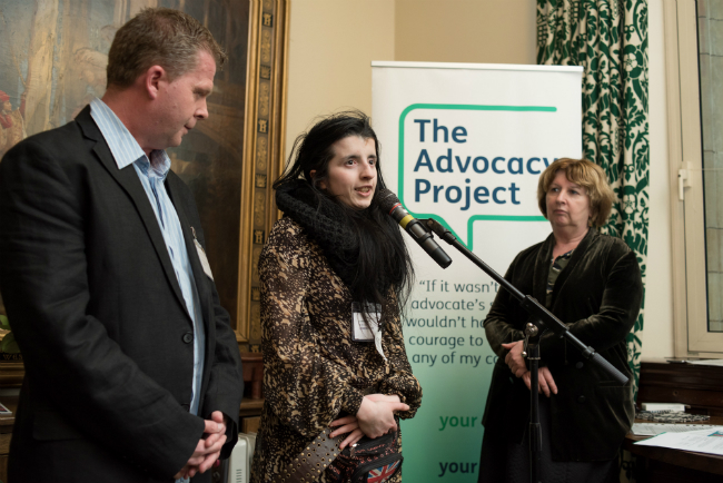 Image shows from the left: Brendan Leahy, User InvolvementbCo-Ordinator Camden SURGE; Fatima Begum, SURGE learning disability representative; and Karen Buck MP, at the Houses of Parliament