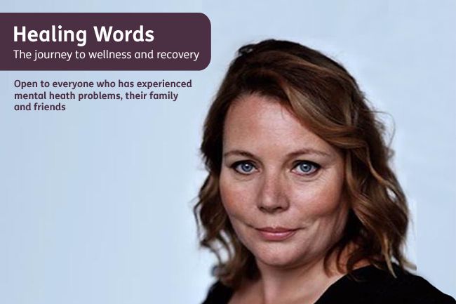 Image shows Joanna Scanlan and details for our poetry competition, Healing Words