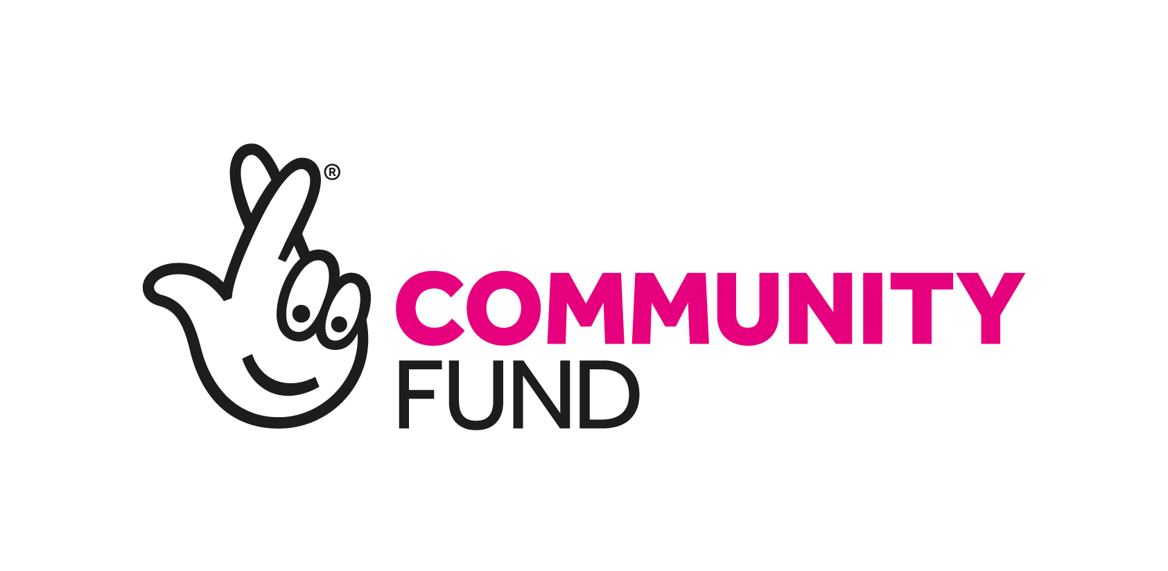 The Community Fund logo shows the National Lottery logo of a hand crossing fingers for good luck sits to the left of the words Community Fund. The word Community is in bright pink, the rest of the text and imagery is black.