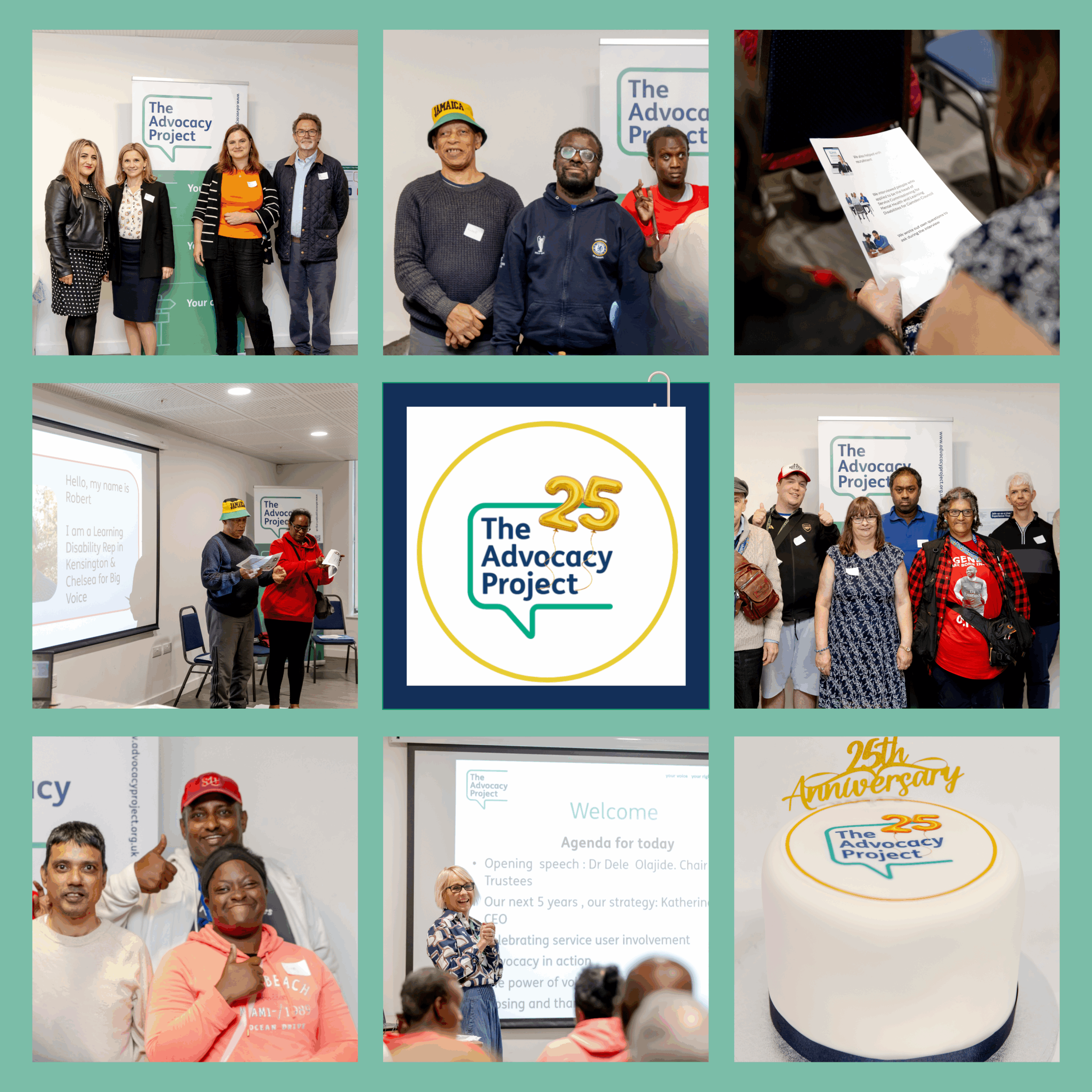 A collage of photos from the 25th anniversary event. The photos show a diversity of service users and staff stood in groups with The Advocacy Project logo as the backdrop. People look happy and celebratory.